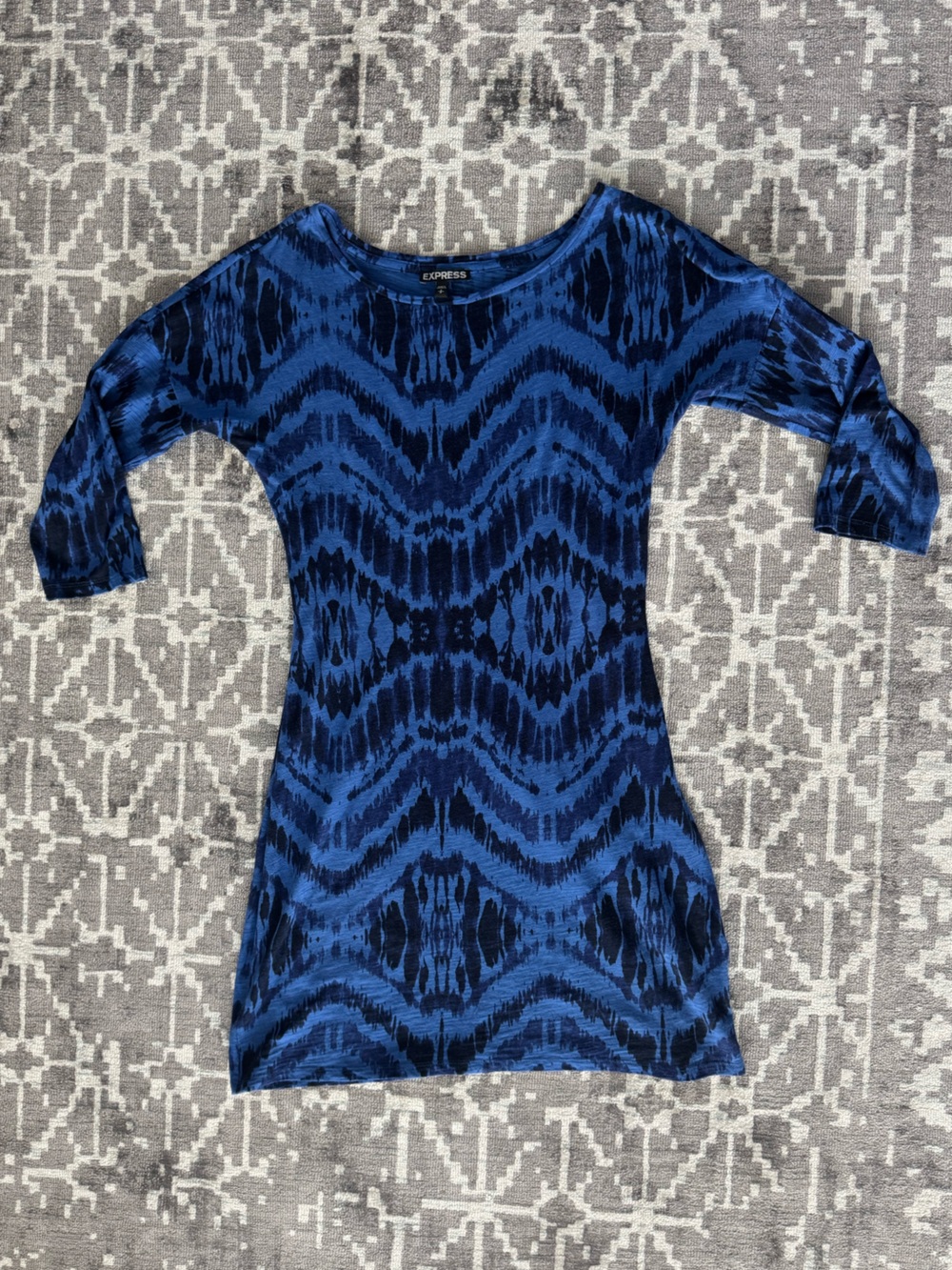 Express Blue Ikat Print Bodycon Dress 3/4 Sleeve Size Small
